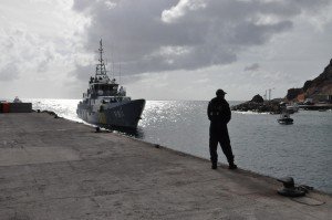 A Coast Guard vessel entering Fort Bay Harbor