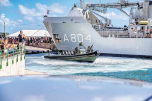 Royal Marines sailing out of Saba’s Fort Bay harbour for a drug-bust simulation.